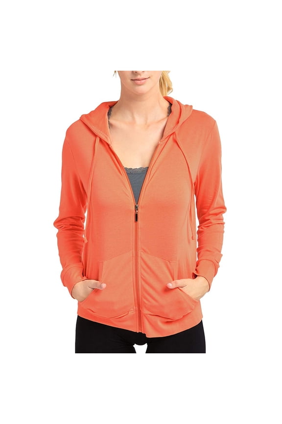 Womens Long Sleeve Thin Cotton Full Zip Up Hoodie Jacket Coral, Small