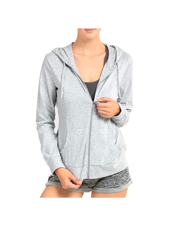 Womens Long Sleeve Thin Cotton Full Zip Up Hoodie Jacket Heather Grey, Small