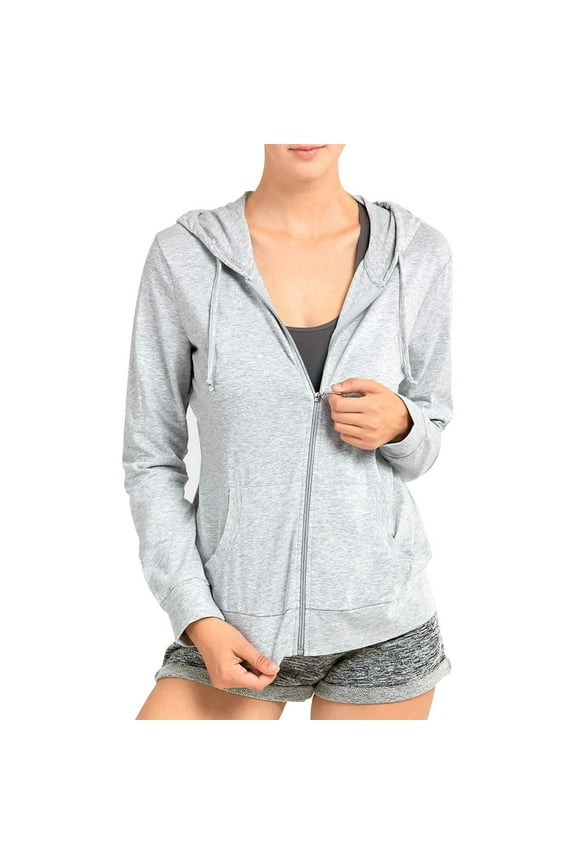 Womens Long Sleeve Thin Cotton Full Zip Up Hoodie Jacket Heather Grey, Small