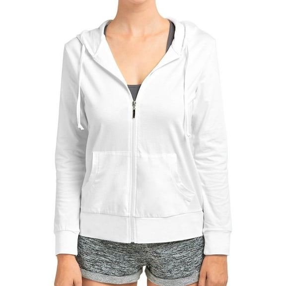 DailyWear Womens Long Sleeve Thin Cotton Full Zip Up Hoodie Jacket White, Large