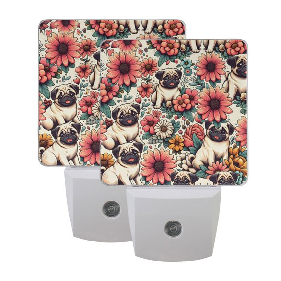 Dailycode 2 Pack LED Plug in Night Light with Dusk to Dawn Sensors for Home Kids Room Bedroom, Pugs Dog and Flowers
