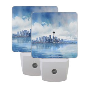 Dailycode 2 Pack LED Plug in Night Light with Dusk to Dawn Sensors for Home Kids Room Bedroom, Seattle Skyline and Cloud