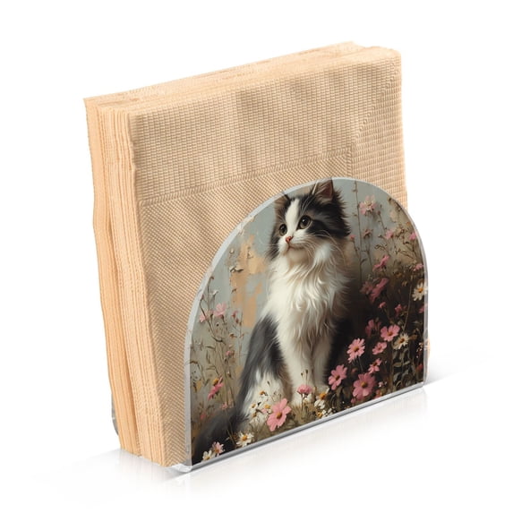 Dailycode 2 Pack Napkin Holder for Table Acrylic Kitchen Paper Tissue Dispenser, Fluffy Cat Sitting in Wildflowers