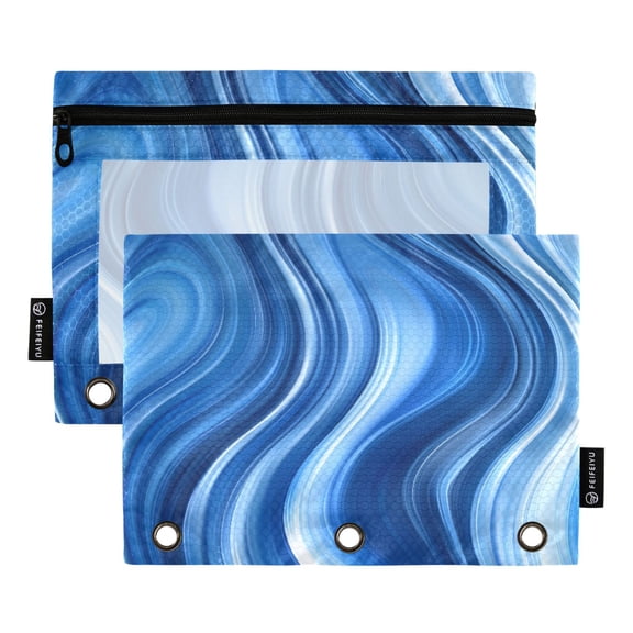 Dailycode 2 Pack Pencil Pouch for 3 Ring Binder Smooth Zipper Folders with Pockets Clear Window Pencil Case, Abstract Blue Ripples
