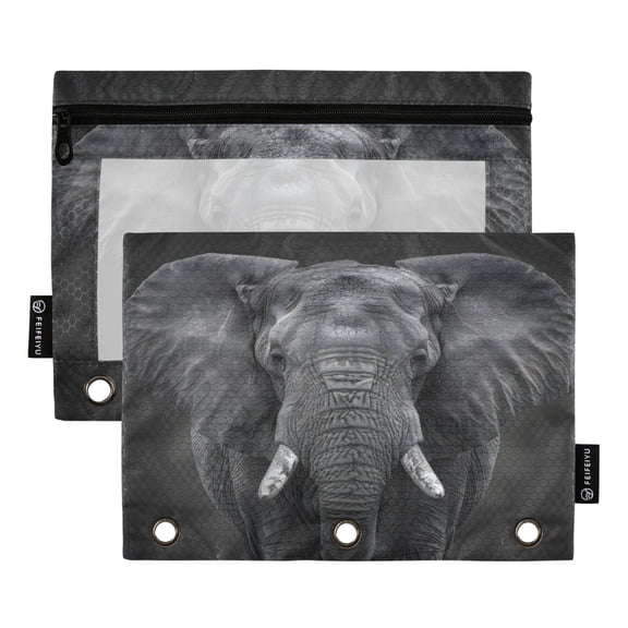 Dailycode 2 Pack Pencil Pouch for 3 Ring Binder Smooth Zipper Folders with Pockets Clear Window Pencil Case, African Elephant