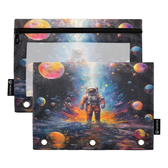 Dailycode 2 Pack Pencil Pouch for 3 Ring Binder Smooth Zipper Folders with Pockets Clear Window Pencil Case, Astronaut on Water and Bubbles
