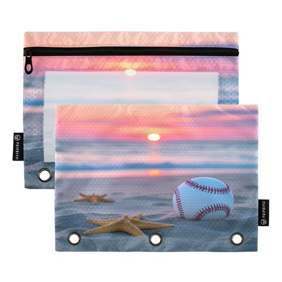 Dailycode 2 Pack Pencil Pouch for 3 Ring Binder Smooth Zipper Folders with Pockets Clear Window Pencil Case, Baseball Beach Starfish Sunset