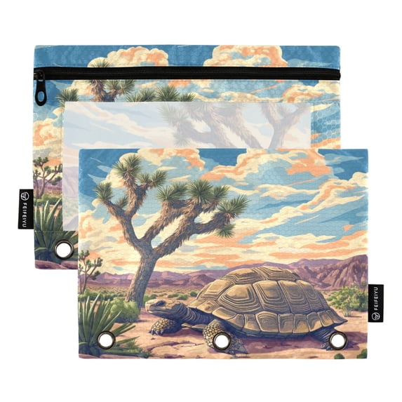 Dailycode 2 Pack Pencil Pouch for 3 Ring Binder Smooth Zipper Folders with Pockets Clear Window Pencil Case, Big Turtle on Desert