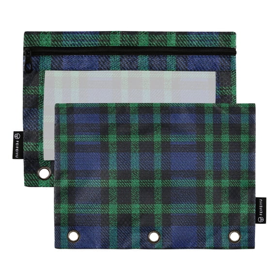 Dailycode 2 Pack Pencil Pouch for 3 Ring Binder Smooth Zipper Folders with Pockets Clear Window Pencil Case, Black Green Blue Plaid