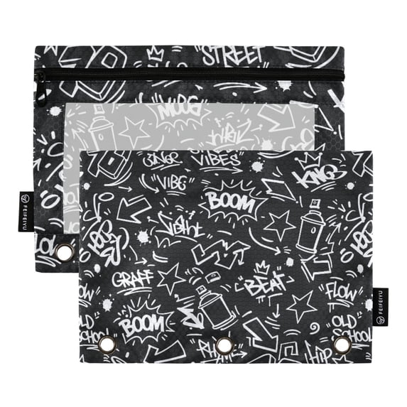 Dailycode 2 Pack Pencil Pouch for 3 Ring Binder Smooth Zipper Folders with Pockets Clear Window Pencil Case, Black Sketch Graffiti