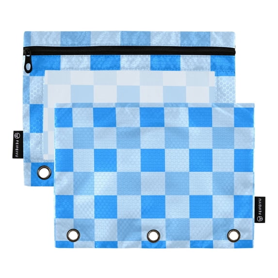 Dailycode 2 Pack Pencil Pouch for 3 Ring Binder Smooth Zipper Folders with Pockets Clear Window Pencil Case, Bright Blue White Gingham