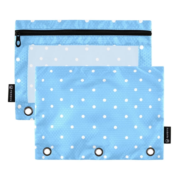 Dailycode 2 Pack Pencil Pouch for 3 Ring Binder Smooth Zipper Folders with Pockets Clear Window Pencil Case, Bright Blue White Polka Dot