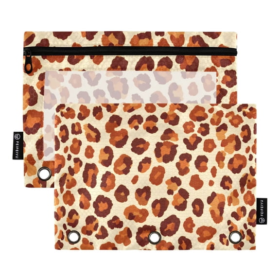 Dailycode 2 Pack Pencil Pouch for 3 Ring Binder Smooth Zipper Folders with Pockets Clear Window Pencil Case, Brown Orange Leopard Print