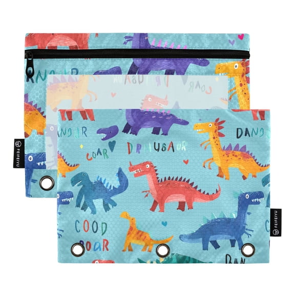 Dailycode 2 Pack Pencil Pouch for 3 Ring Binder Smooth Zipper Folders with Pockets Clear Window Pencil Case, Cartoon Dinosaurs in Various Colors