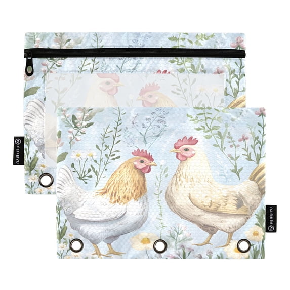 Dailycode 2 Pack Pencil Pouch for 3 Ring Binder Smooth Zipper Folders with Pockets Clear Window Pencil Case, Chickens and Wildflower