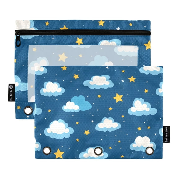 Dailycode 2 Pack Pencil Pouch for 3 Ring Binder Smooth Zipper Folders with Pockets Clear Window Pencil Case, Clouds and Star