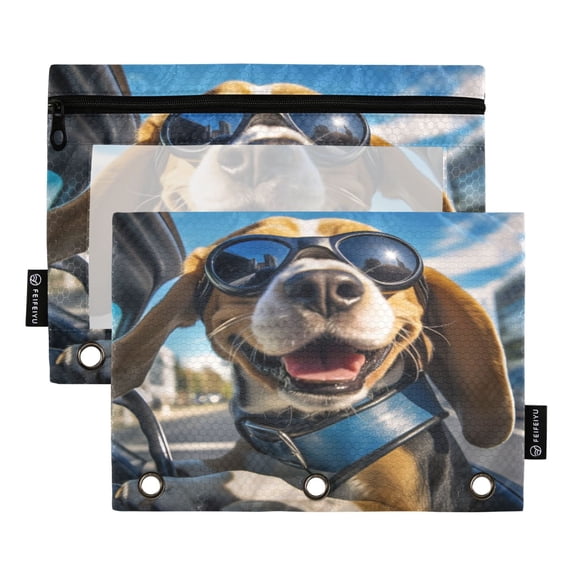 Dailycode 2 Pack Pencil Pouch for 3 Ring Binder Smooth Zipper Folders with Pockets Clear Window Pencil Case, Cool Dog on Car