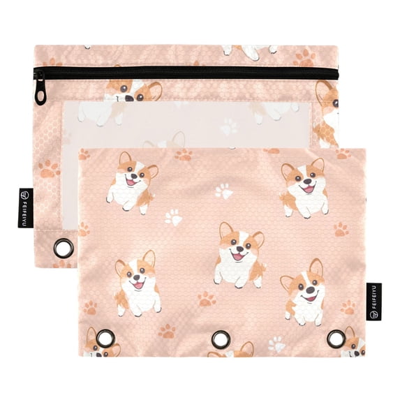 Dailycode 2 Pack Pencil Pouch for 3 Ring Binder Smooth Zipper Folders with Pockets Clear Window Pencil Case, Corgi Dog and Paw Prints