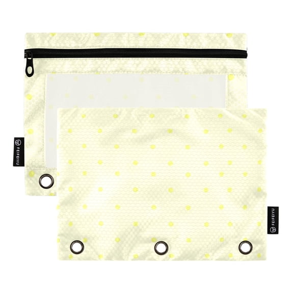 Dailycode 2 Pack Pencil Pouch for 3 Ring Binder Smooth Zipper Folders with Pockets Clear Window Pencil Case, Cream Yellow Polka Dot