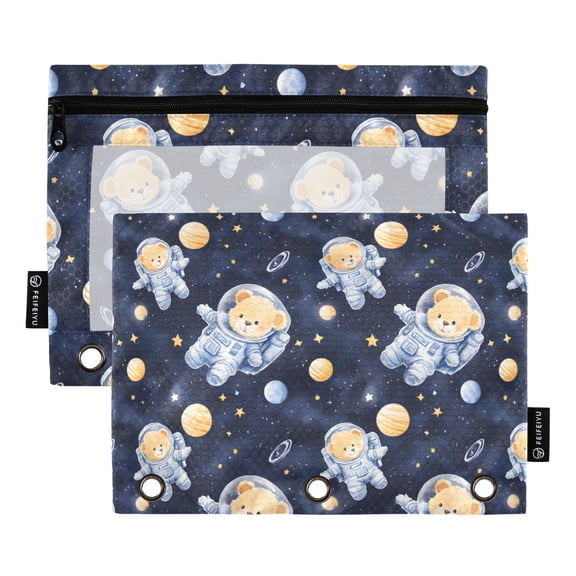 Dailycode 2 Pack Pencil Pouch for 3 Ring Binder Smooth Zipper Folders with Pockets Clear Window Pencil Case, Cute Bear in Space