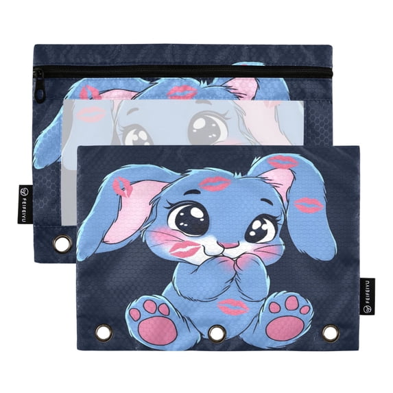 Dailycode 2 Pack Pencil Pouch for 3 Ring Binder Smooth Zipper Folders with Pockets Clear Window Pencil Case, Cute Blue Bunny with Lip