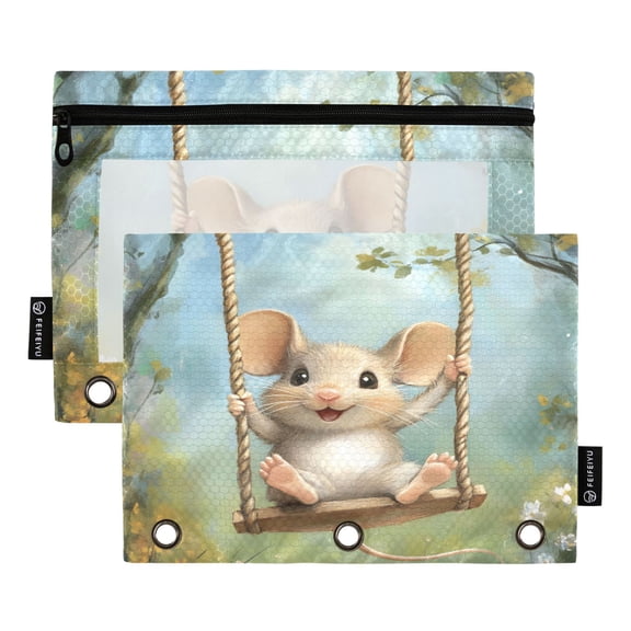 Dailycode 2 Pack Pencil Pouch for 3 Ring Binder Smooth Zipper Folders with Pockets Clear Window Pencil Case, Cute Mouse Swing