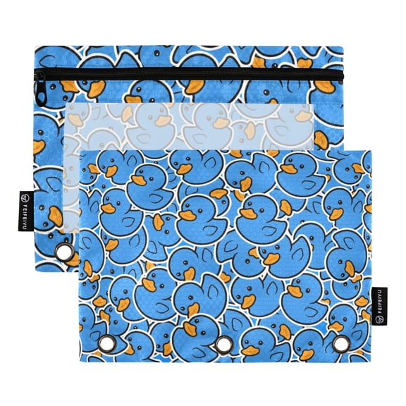 Dailycode 2 Pack Pencil Pouch for 3 Ring Binder Smooth Zipper Folders with Pockets Clear Window Pencil Case, Dense Blue Rubber Duck