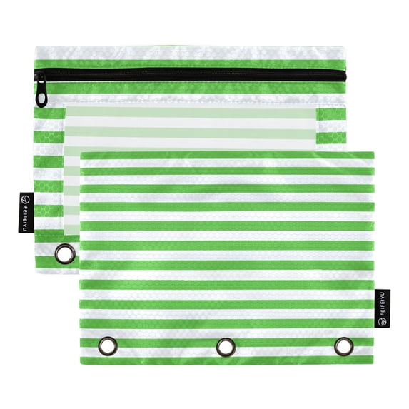 Dailycode 2 Pack Pencil Pouch for 3 Ring Binder Smooth Zipper Folders with Pockets Clear Window Pencil Case, Green White Stripe