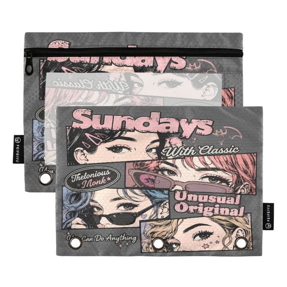 Dailycode 2 Pack Pencil Pouch for 3 Ring Binder Smooth Zipper Folders with Pockets Clear Window Pencil Case, Grey Sundays Collage
