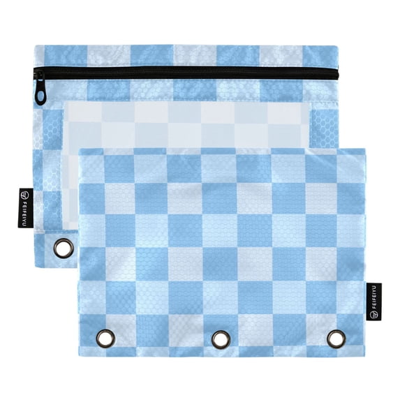 Dailycode 2 Pack Pencil Pouch for 3 Ring Binder Smooth Zipper Folders with Pockets Clear Window Pencil Case, Light Blue Gingham