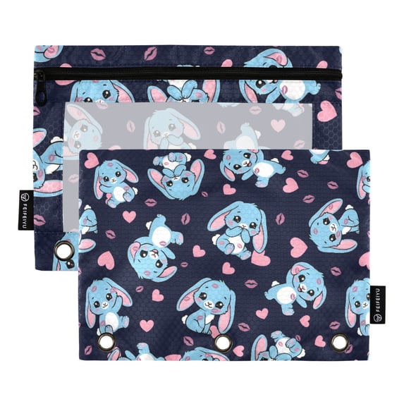 Dailycode 2 Pack Pencil Pouch for 3 Ring Binder Smooth Zipper Folders with Pockets Clear Window Pencil Case, Navy Blue Bunny Heart