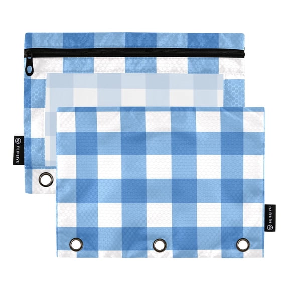 Dailycode 2 Pack Pencil Pouch for 3 Ring Binder Smooth Zipper Folders with Pockets Clear Window Pencil Case, Navy White Gingham