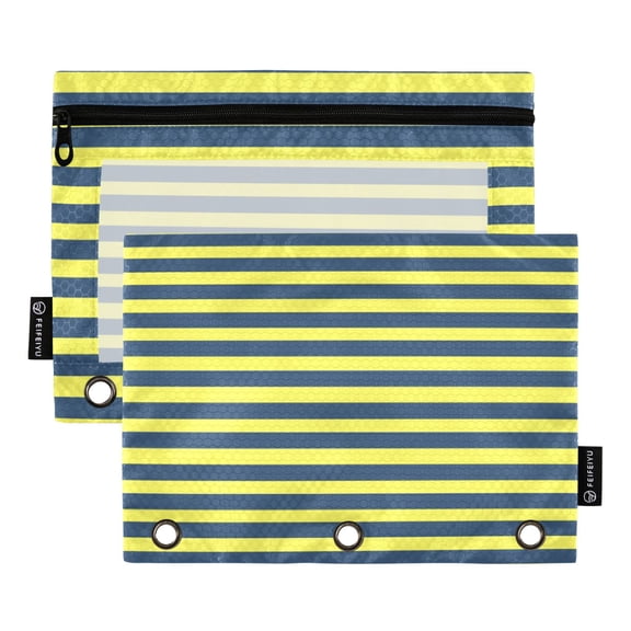 Dailycode 2 Pack Pencil Pouch for 3 Ring Binder Smooth Zipper Folders with Pockets Clear Window Pencil Case, Navy Yellow Stripe