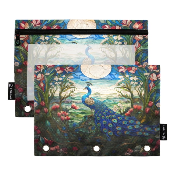 Dailycode 2 Pack Pencil Pouch for 3 Ring Binder Smooth Zipper Folders with Pockets Clear Window Pencil Case, Peacock with Moon