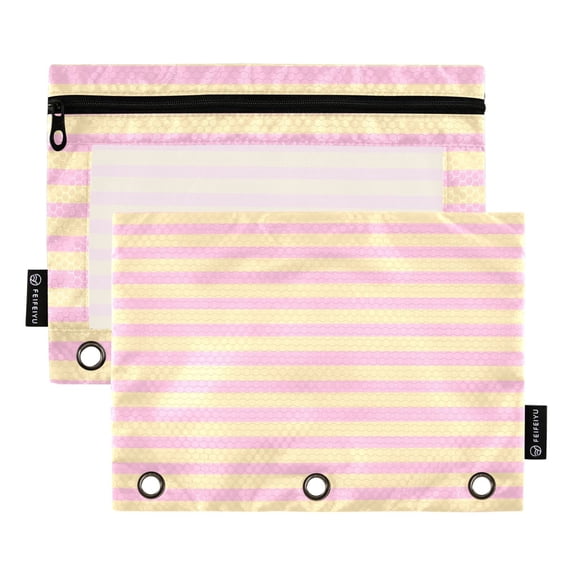 Dailycode 2 Pack Pencil Pouch for 3 Ring Binder Smooth Zipper Folders with Pockets Clear Window Pencil Case, Pink Yellow Stripe