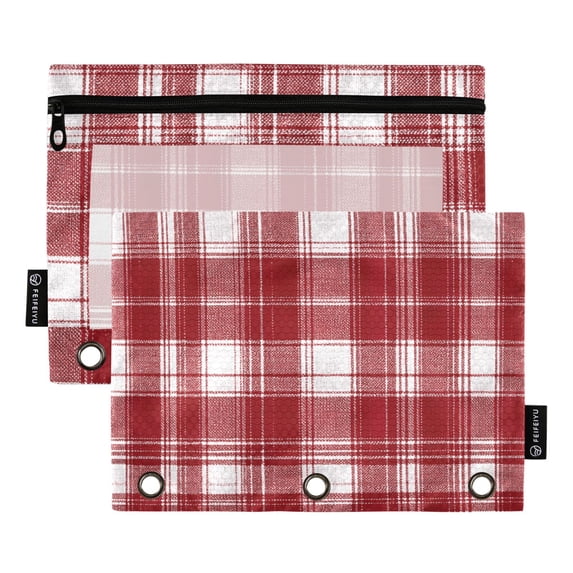 Dailycode 2 Pack Pencil Pouch for 3 Ring Binder Smooth Zipper Folders with Pockets Clear Window Pencil Case, Red and White Plaid