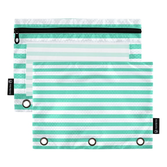 Dailycode 2 Pack Pencil Pouch for 3 Ring Binder Smooth Zipper Folders with Pockets Clear Window Pencil Case, Teal White Stripe