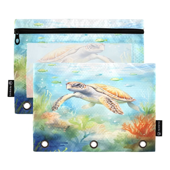 Dailycode 2 Pack Pencil Pouch for 3 Ring Binder Smooth Zipper Folders with Pockets Clear Window Pencil Case, Turtle Fish Coral