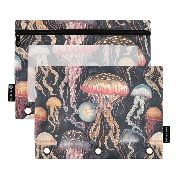 Dailycode 2 Pack Pencil Pouch for 3 Ring Binder Smooth Zipper Folders with Pockets Clear Window Pencil Case, Various Jellyfish