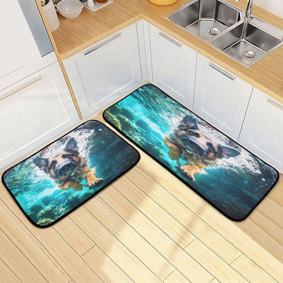 Dailycode 2 Pcs Kitchen Rug Set Non Slip Absorbent Soft Floor Mats for Kitchen Bathroom German Shepherd Dog Swimming Underwater 19.7"x27.6"+19.7"x47.2"