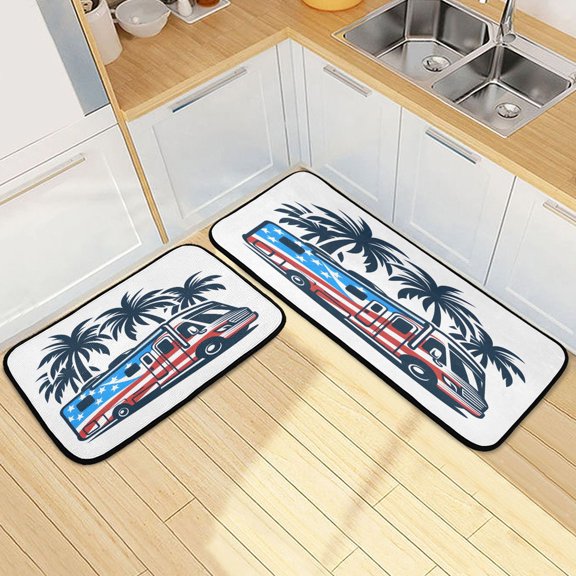 Dailycode 2 Pcs Kitchen Rug Set Non Slip Absorbent Soft Floor Mats for Kitchen Bathroom American Flag Car with Trees 19.7"x27.6"+19.7"x47.2"