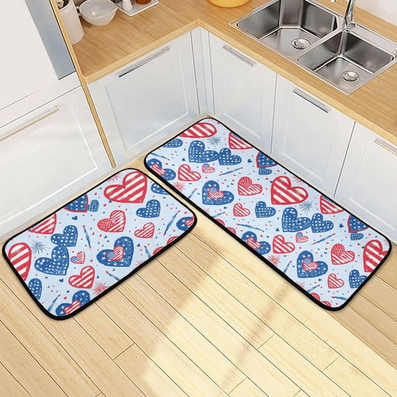 Dailycode 2 Pcs Kitchen Rug Set Non Slip Absorbent Soft Floor Mats for Kitchen Bathroom American Flag Heart 19.7"x27.6"+19.7"x47.2"