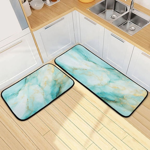 Dailycode 2 Pcs Kitchen Rug Set Non Slip Absorbent Soft Floor Mats for Kitchen Bathroom Aqua White Marble 19.7"x27.6"+19.7"x47.2"