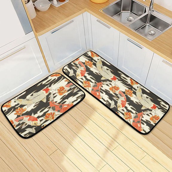Dailycode 2 Pcs Kitchen Rug Set Non Slip Absorbent Soft Floor Mats for Kitchen Bathroom Asian Goldfish 19.7"x27.6"+19.7"x47.2"
