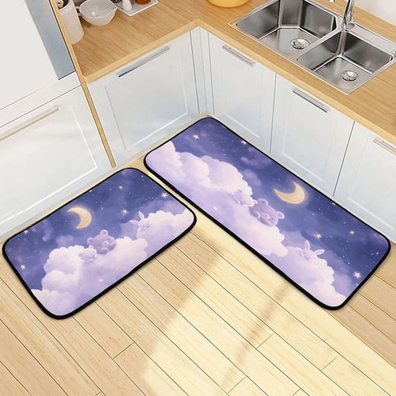 Dailycode 2 Pcs Kitchen Rug Set Non Slip Absorbent Soft Floor Mats for Kitchen Bathroom Bear Rabbit Cloud Moon 19.7"x27.6"+19.7"x47.2"