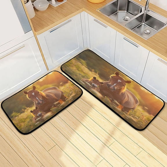 Dailycode 2 Pcs Kitchen Rug Set Non Slip Absorbent Soft Floor Mats for Kitchen Bathroom Beautiful Brown Horse 19.7"x27.6" 19.7"x47.2"