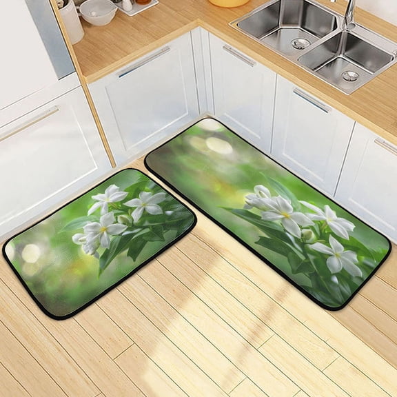 Dailycode 2 Pcs Kitchen Rug Set Non Slip Absorbent Soft Floor Mats for Kitchen Bathroom Beautiful Jasmine Flower 19.7"x27.6" 19.7"x47.2"