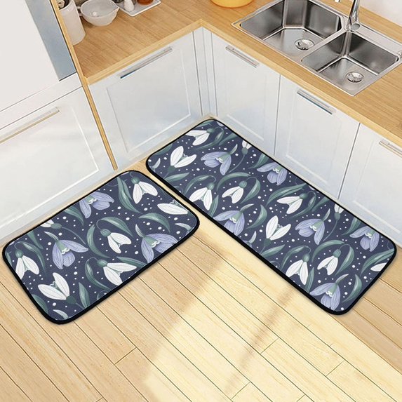 Dailycode 2 Pcs Kitchen Rug Set Non Slip Absorbent Soft Floor Mats for Kitchen Bathroom Beautiful Snowdrops Flowers 19.7"x27.6"+19.7"x47.2"