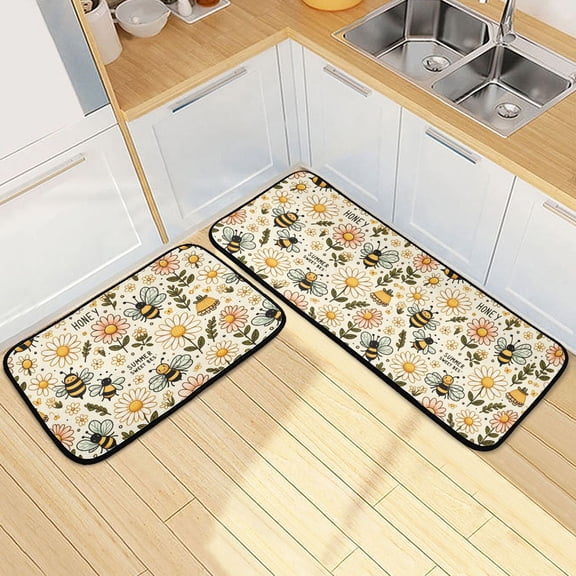 Dailycode 2 Pcs Kitchen Rug Set Non Slip Absorbent Soft Floor Mats for Kitchen Bathroom Bee Honey and Daisy 19.7"x27.6" 19.7"x47.2"