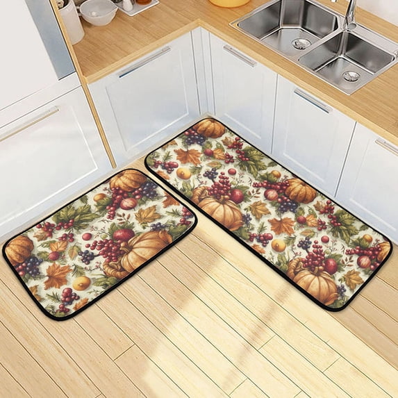 Dailycode 2 Pcs Kitchen Rug Set Non Slip Absorbent Soft Floor Mats for Kitchen Bathroom Berry Pumpkin Leaf 19.7"x27.6"+19.7"x47.2"